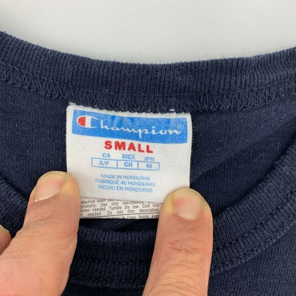 Vintage Champion T Shirt Men's Size S Navy Blue Short Sleeve Spell Out Logo Tee - Picture 4 of 8